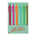 Pack of six colorful pens with humorous phrases on a light green background