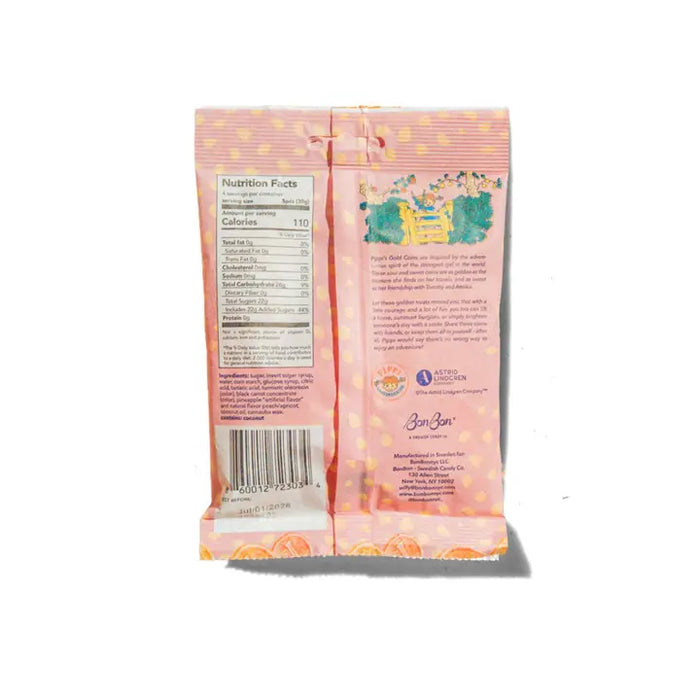 Back view of a snack package with nutritional information and branding on a white background