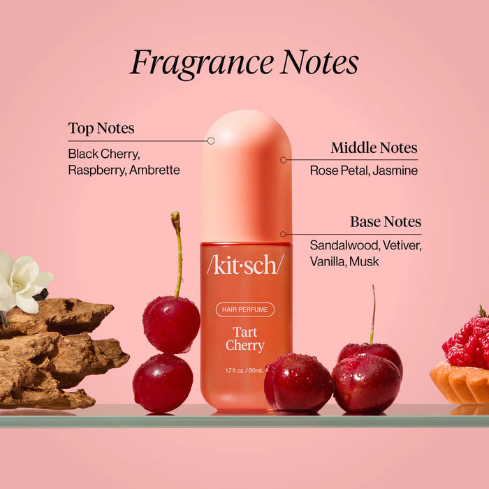 Kit-sch Tart Cherry hair perfume with fragrance notes on a pink background