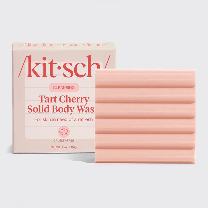 Kit Sch Tart Cherry Solid Body Wash packaging and bar on a light gray background