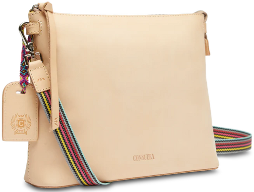 Beige handbag with a colorful strap on a white background