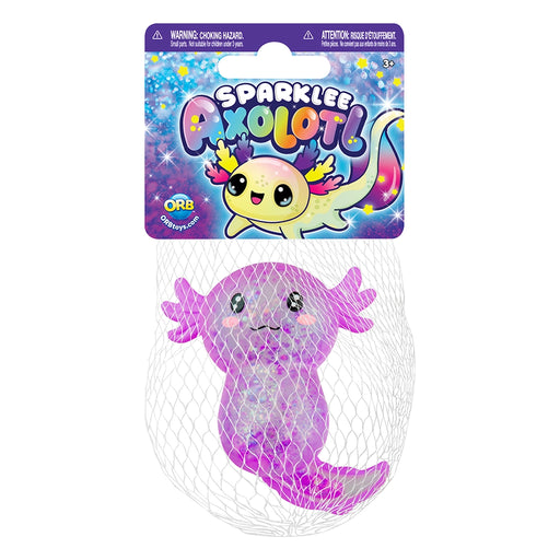 Purple axolotl toy in a clear bag with colorful packaging above on a white background