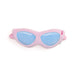 Pink sunglasses with blue lenses on a white background