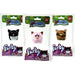 Three packaged Furby toys from Worlds Mallest line, showing the black-and-white cat, pink fluffy cat, and brown cat versions in clear plastic blister packs on a white background.