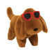 Plush dachshund dog toy wearing red sunglasses on a white background