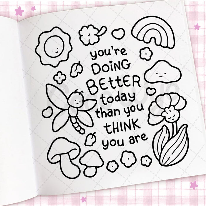 Motivational quote with illustrations on a pink checkered background
