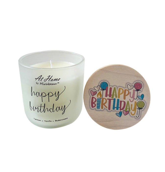 Candle with 'Happy Birthday' lid on a white background