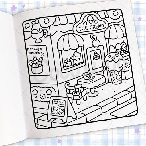 Illustration of an ice cream shop on a coloring book page.