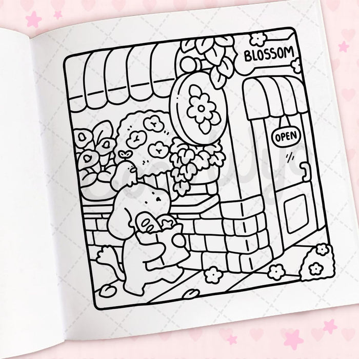 Coloring book page with a cute illustration of a dog and a flower shop, labeled 'Blossom'.