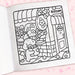 Coloring book page with a cute illustration of a dog and a flower shop, labeled 'Blossom'.