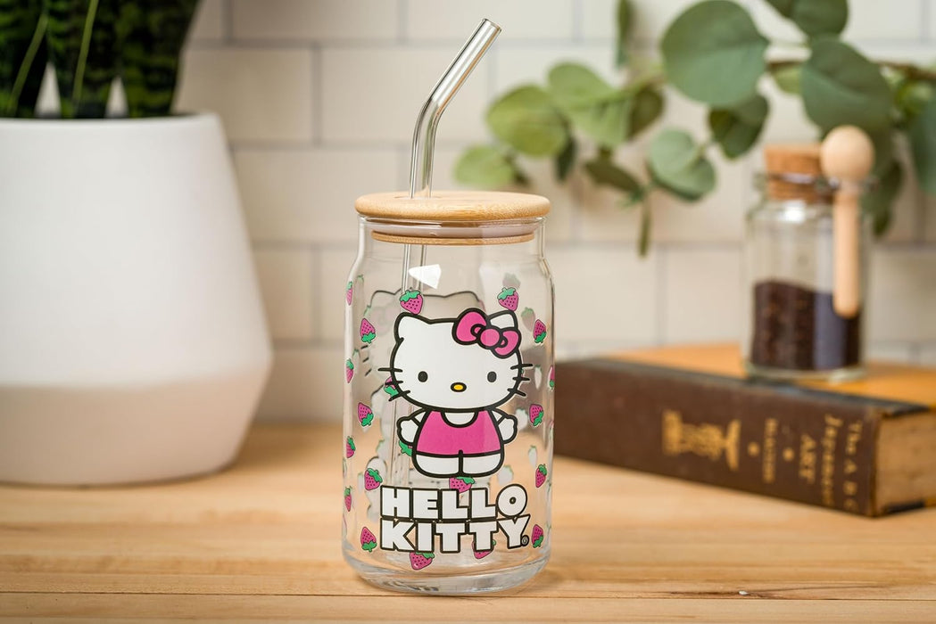 Hello Kitty Strawberry Toss 16oz Glass Tumbler w/ Bamboo Lid