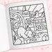 Coloring book page with a cute illustration of animals in a store on a pink background.