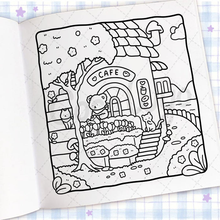 Coloring book page with a cute cartoon cafe design on a checkered background