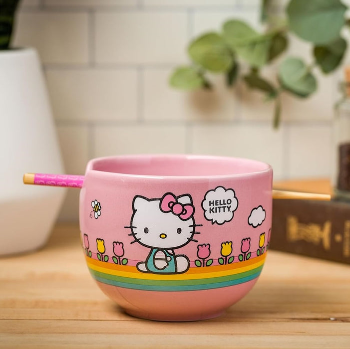 Hello Kitty Rainbow & Flowers Ceramic Ramen Bowl with Chopsticks