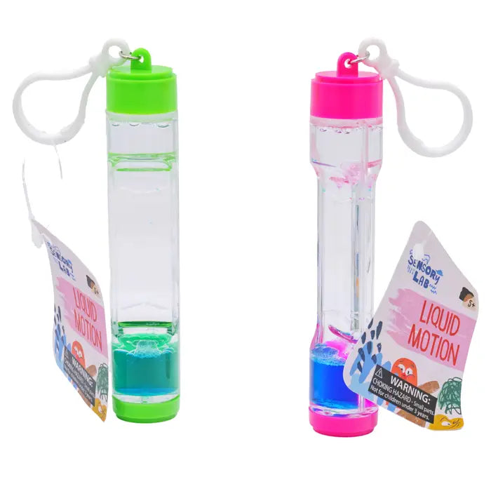 Two colorful water bottles with liquid motion labels on a white background