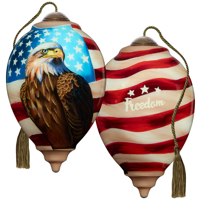 Freedom Patriotic Bald Eagle American Flag Hand-Painted Blown Glass Ornament