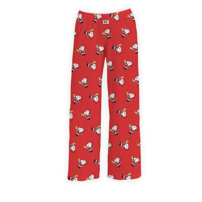 Red pajama pants with cartoon character pattern on a white background
