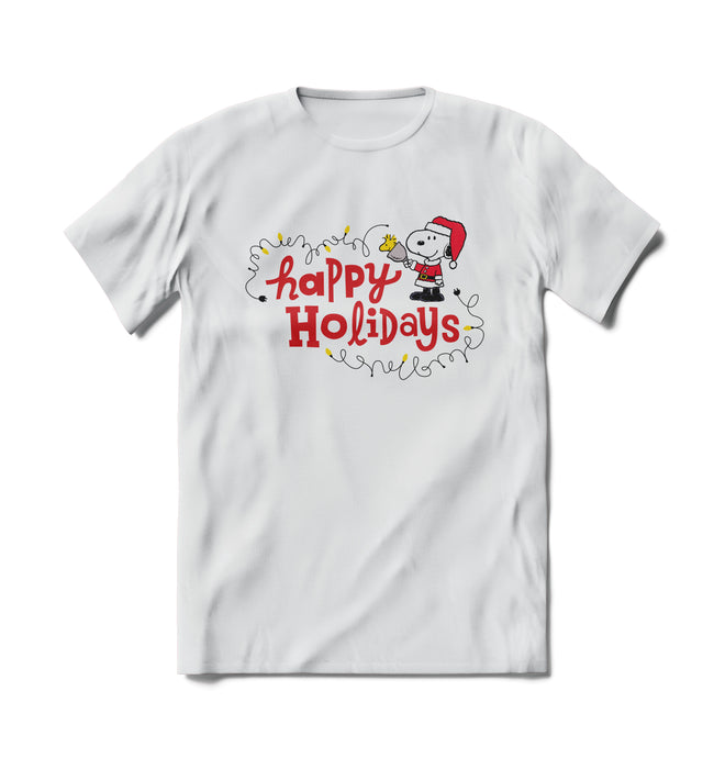 White t-shirt with 'Happy Holidays' graphic featuring a character in a Santa hat on a white background