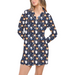 Navy blue nightshirt with cat pattern worn by a model on a white background