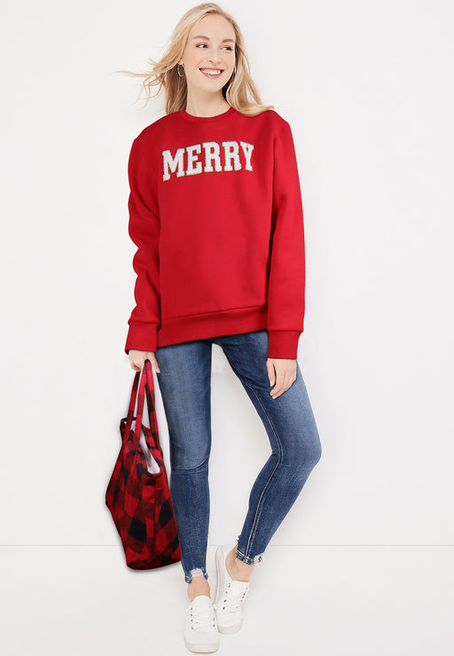 Red MERRY Chenille Letter Sweatshirt