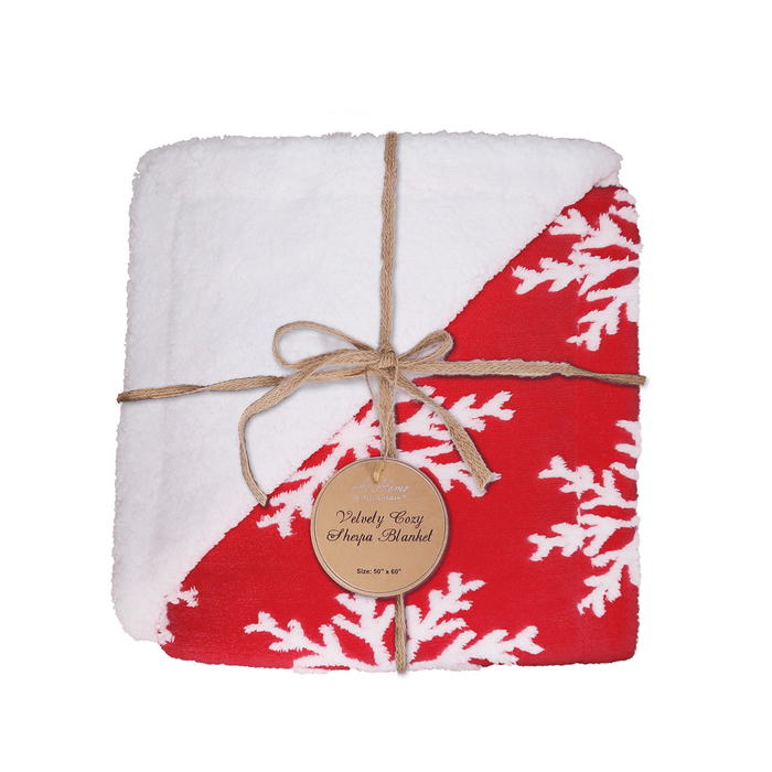 Velvety Fleece and Sherpa Red Snowflake Blanket