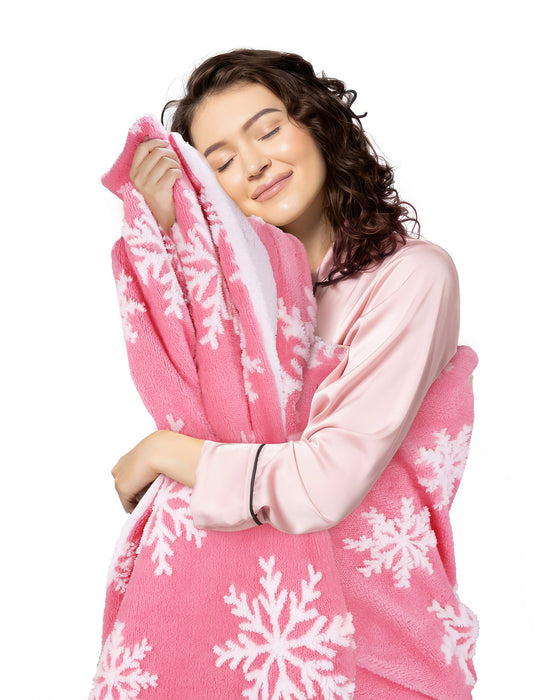 Velvety Fleece and Sherpa Pink Snowflake Blanket