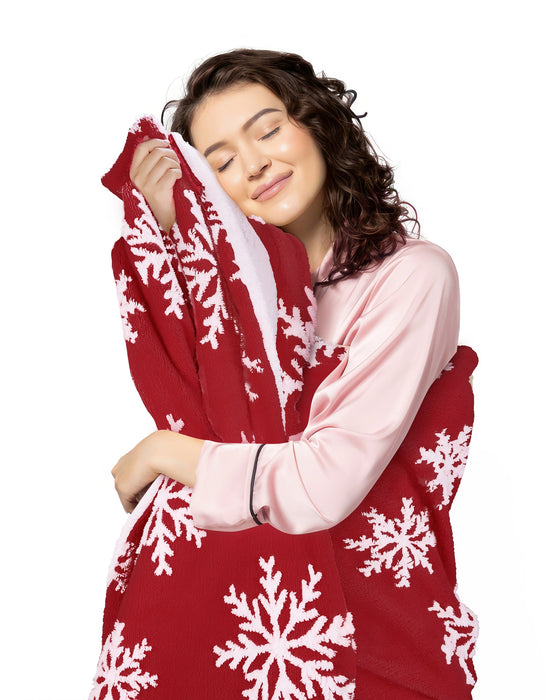 Velvety Fleece and Sherpa Red Snowflake Blanket