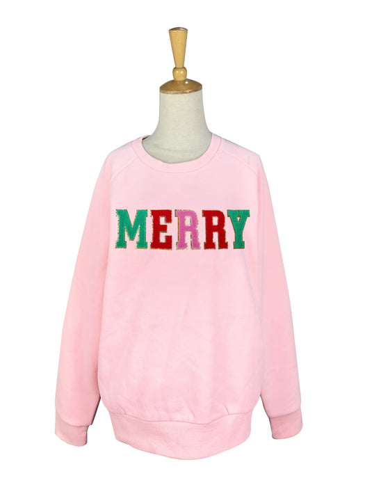 Pink MERRY Chenille Letter Sweatshirt