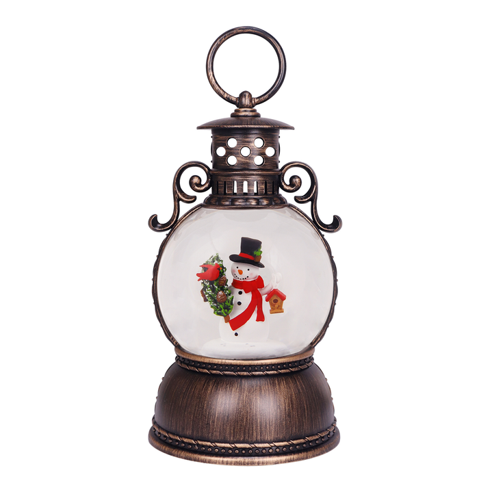 Snowman Songbird LED Round Glitter Lantern with Handle brown