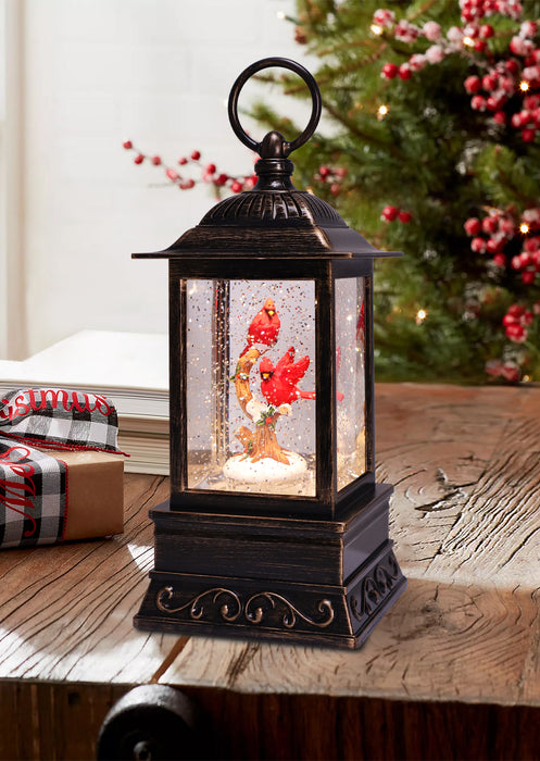 Holly Cardinals on Branch Glitter Lantern