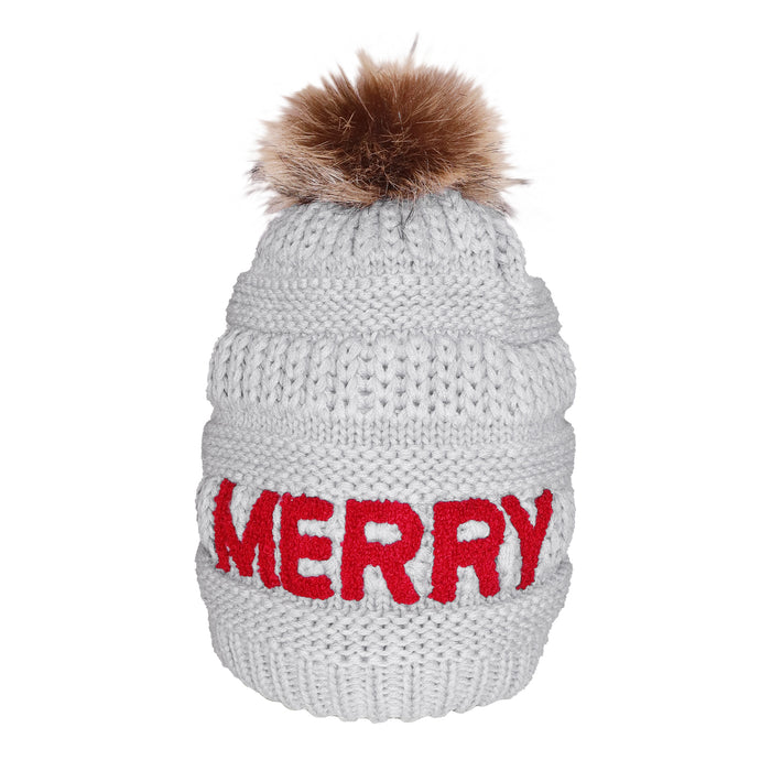 Candy Lane Merry Chenille Letter Beanie Hat gray