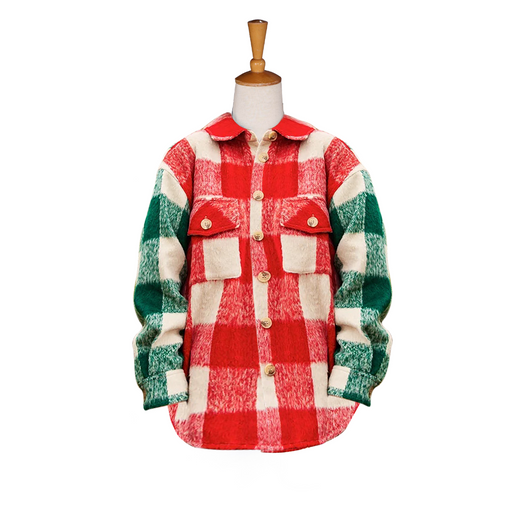 Red, green, and white checkered shirt on a mannequin with a white background