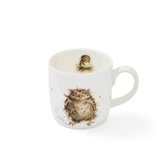 White mug with owl design on a white background