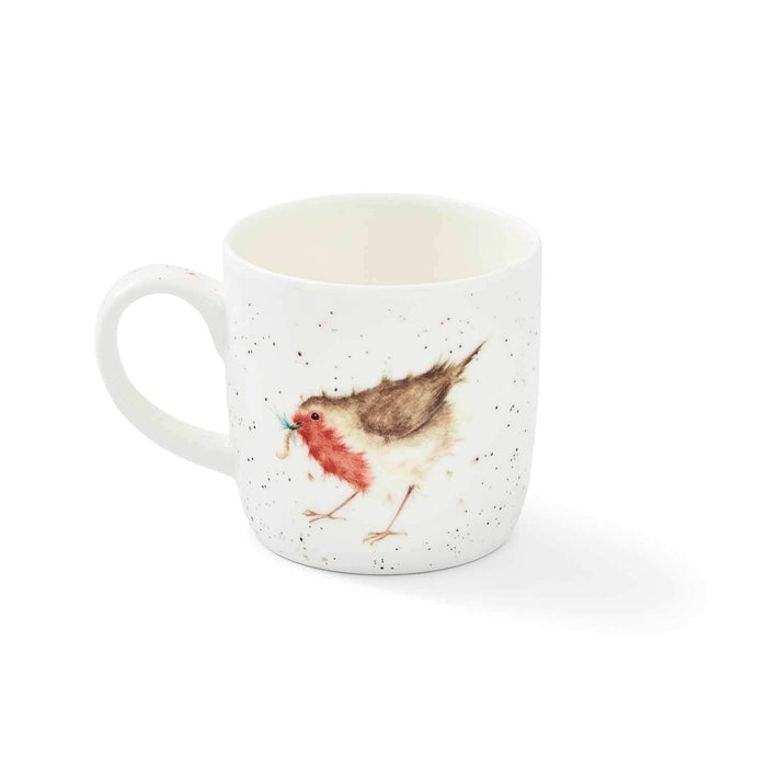 White mug with a robin design on a white background