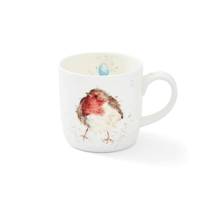 White mug with a robin design on a white background