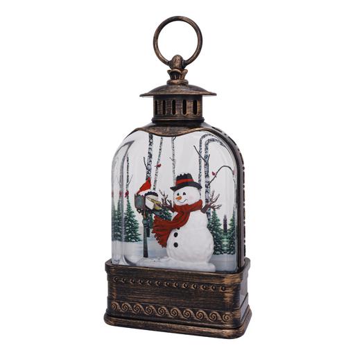 Decorative lantern with a snowman and winter scene inside on a white background