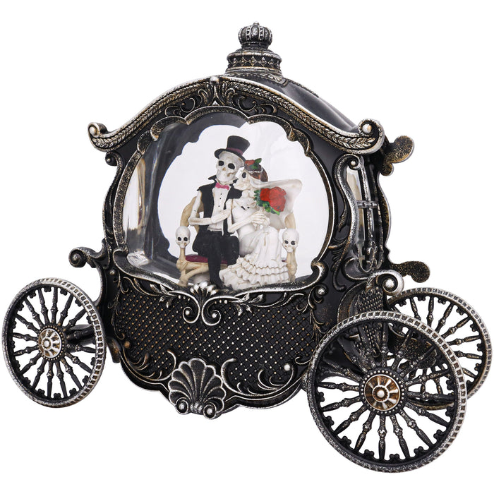 An ornate decorative carriage-shaped object with a black and silver body, featuring a circular window showing a skeleton bride and groom illustration, isolated on a white background.