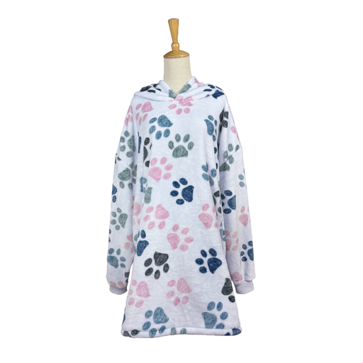 White hoodie with colorful paw prints on a mannequin against a white background