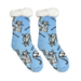 Pair of blue socks with cat patterns and white cuffs on a white background