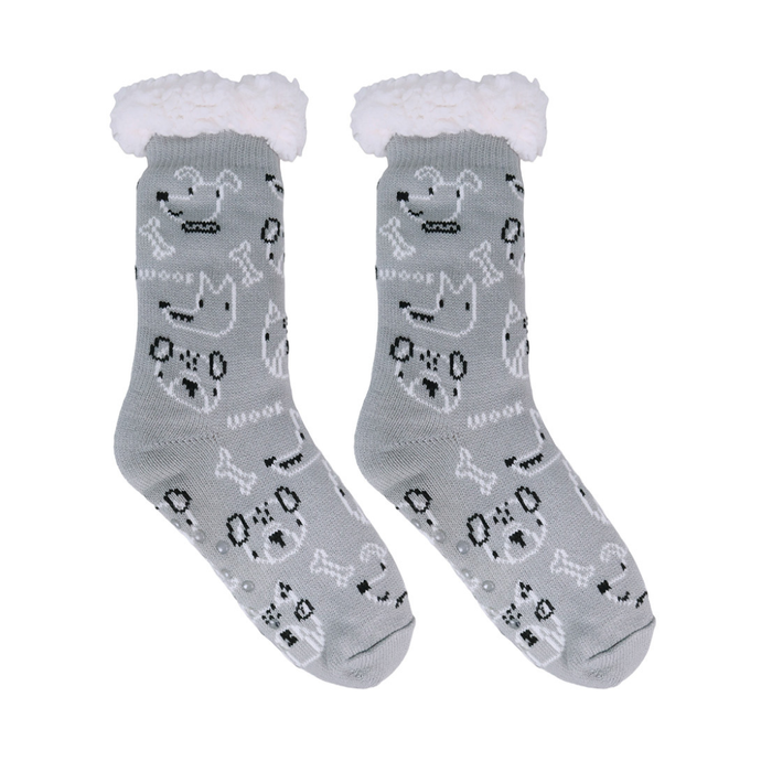 Pair of gray socks with dog patterns and white cuffs on a white background