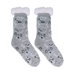 Pair of gray socks with dog patterns and white cuffs on a white background