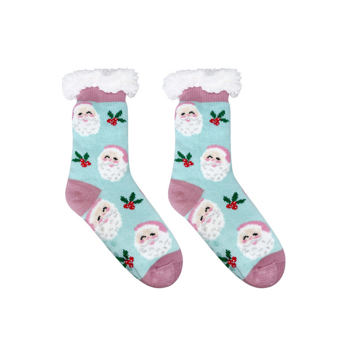 Pair of socks with Santa Claus design on a light blue background