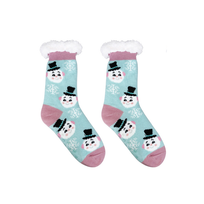 Pair of socks with snowman design on a light blue background