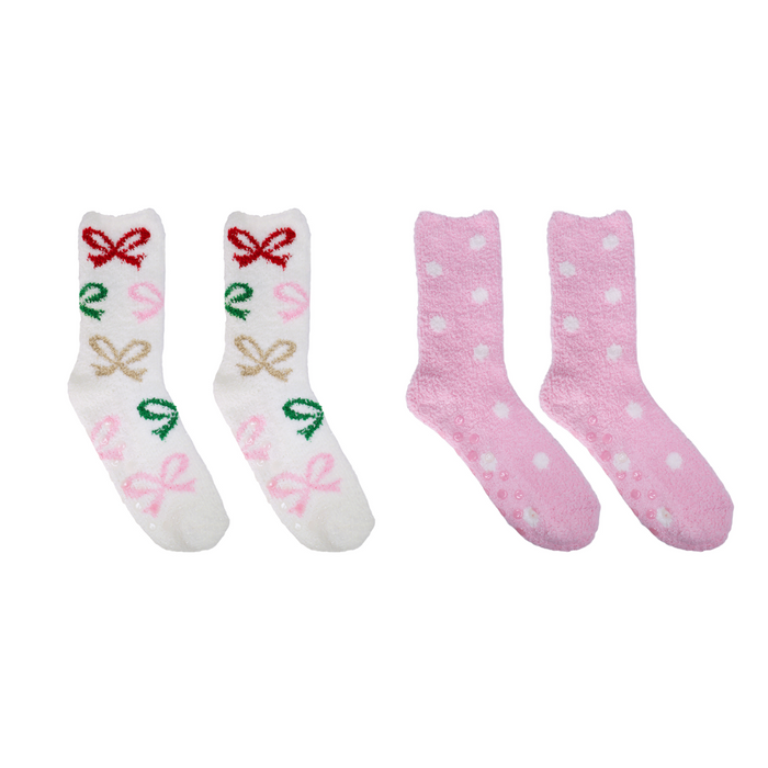 Two pairs of socks with decorative bows on a white background