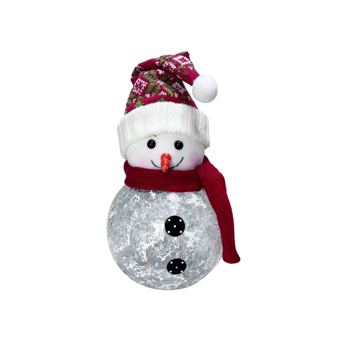 Decorative snowman with a floral hat, red scarf, and black buttons on a white background