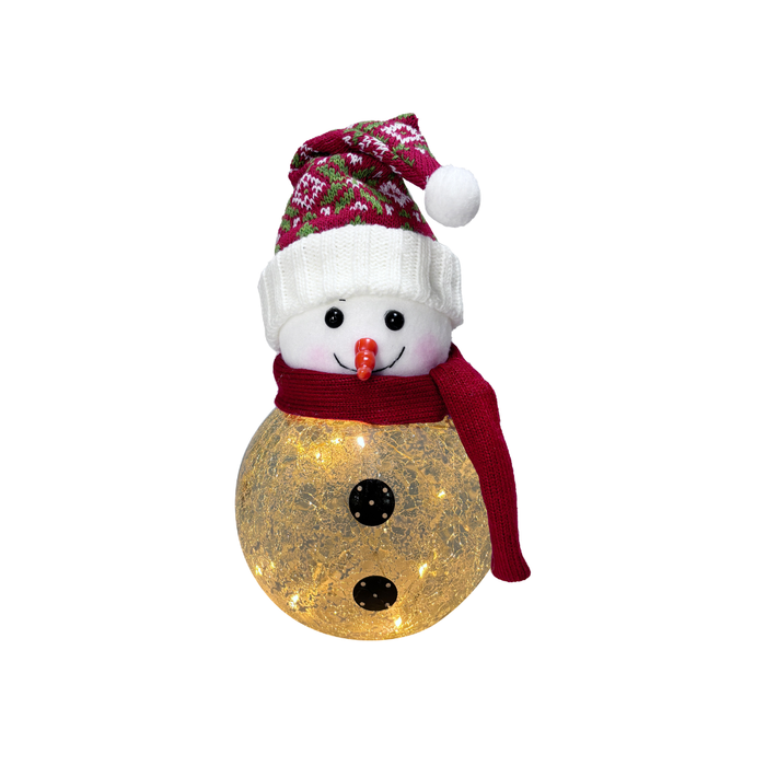 Decorative snowman with a red scarf, floral hat, and glowing body on a white background