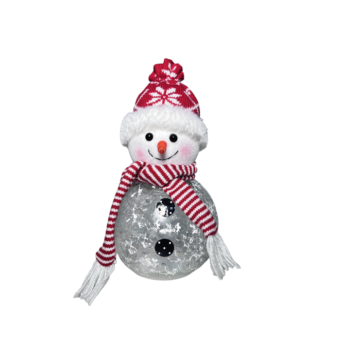 Decorative snowman figure with a red and white striped scarf and hat on a white background