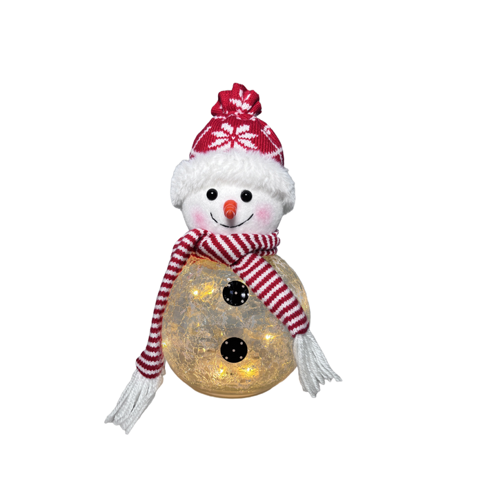 Decorative snowman with a red and white striped scarf, hat, and lights on a white background
