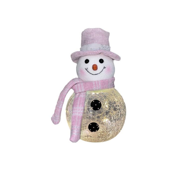 Decorative snowman figurine with pink hat and scarf on a white background