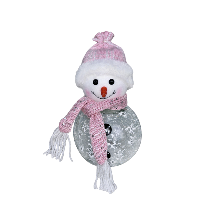 Decorative snowman with pink scarf and hat on a white background